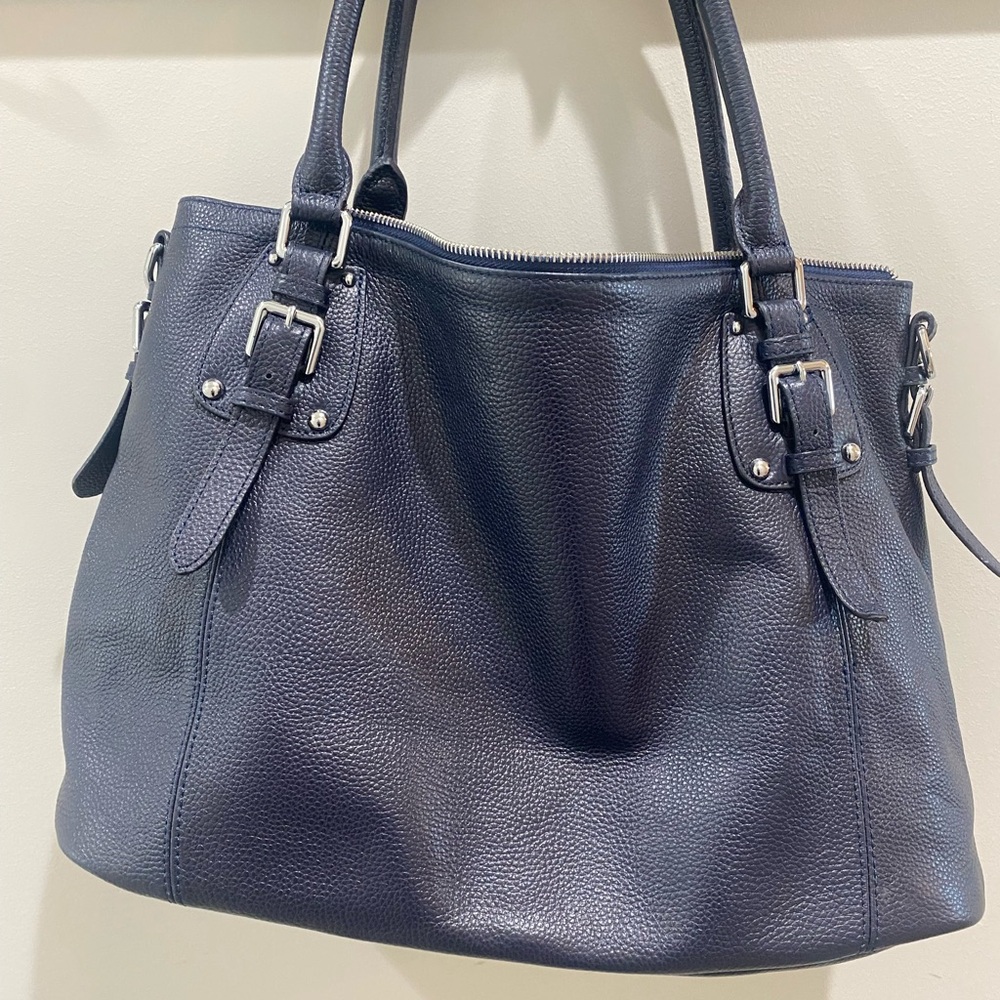 Elegant Navy Blue Pebbled Leather Tote Bag-Preowned